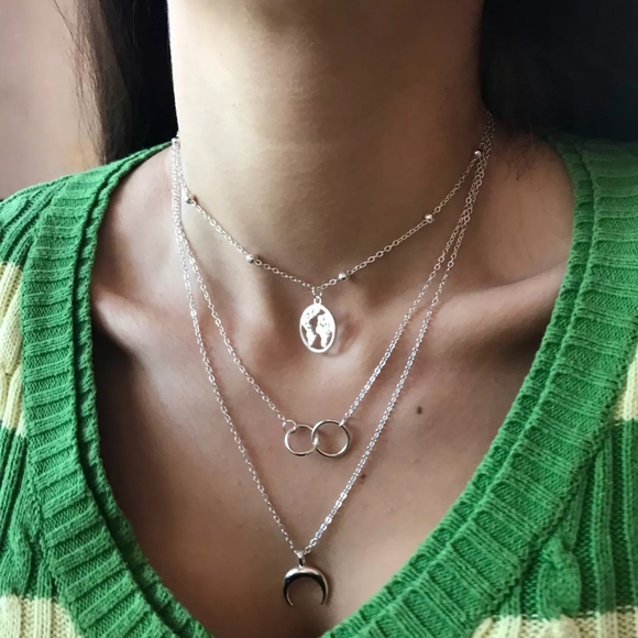 Boutique Jewelry - NEW Silver Boho Trendy Choker Multilayer Earth Map Circle Horn Pendant Necklace